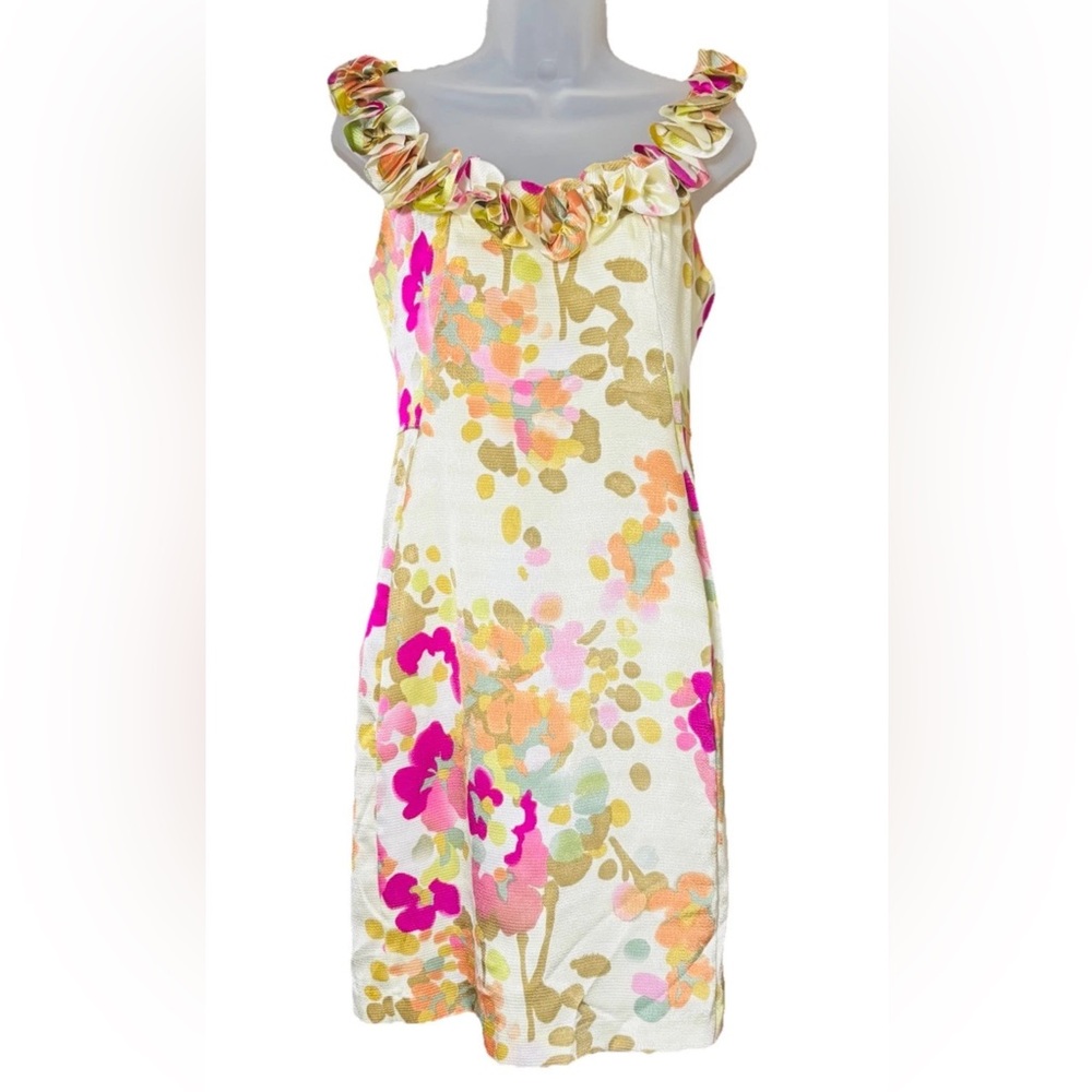 Kim Rogers Petite Floral Sheath Dress Size 8P Yellow Ruffle Straps Feminine